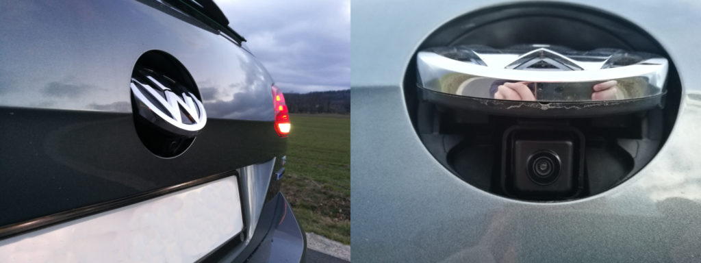 Kamera cofania ukryta pod logo VW na klapie bagażnika - carly.pl